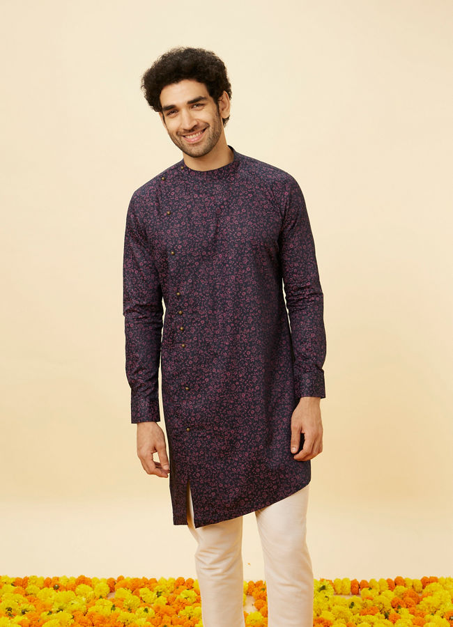 alt message - Manyavar Men Royal Blue Angrakha Style Bel Buti Printed Kurta Set image number 0